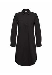 Robe chemise noire à manches longues avec col, poches poitrine à boutons, et patte de boutonnage à l'avant, longueur au genou avec ourlet légèrement arrondi.