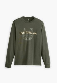 Oliwkowa, długorękawowa koszulka z bawełny, z graficznym nadrukiem "Levi Strauss & Co." oraz wzorem podkowy.