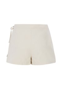 Beige katoenen shorts met een gestrikte tailleband, rechte snit, en zonder zichtbare zakken of patronen. Gladde textuur en eenvoudig ontwerp.