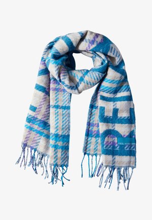 Foulard blu e bianco con frange, caratterizzato da un design geometrico in diverse sfumature di blu e viola. Tessuto morbido e testurizzato.