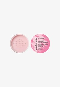 Poudre libre dans un contenant rond blanc avec un couvercle rose. L'intérieur est rose pâle et contient plusieurs petits trous pour le dosage.