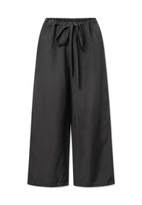 Zwarte wijde broek van lichtgewicht stof met een elastische tailleband en een strikdetail aan de voorkant. Heeft een gladde, gestructureerde uitstraling.
