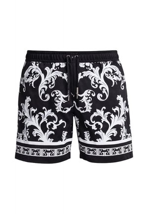 Pantalones cortos negros con patrones florales decorativos barrocos en blanco y un borde geométrico a lo largo del dobladillo, con cintura ajustable con cordón.