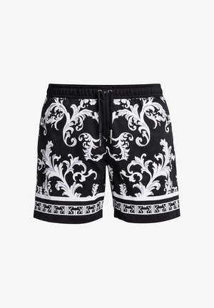 Pantaloncini neri con motivi floreali decorativi in stile barocco bianco e un bordo geometrico lungo l'orlo, dotati di vita con coulisse.