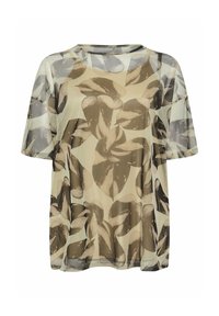 Top leggero a maniche corte beige con grandi motivi di foglie verde scuro e grigio, dotato di scollatura rotonda e vestibilità comoda.