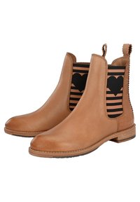 Tan leather ankle boots with elastic sides featuring black and brown stripes and heart pattern. Textured back panel and low stacked heel.