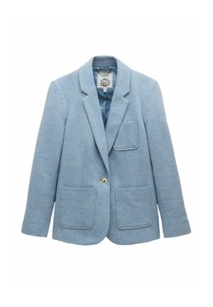 Light blue blazer, herringbone texture, single gold button closure, two front pockets, standard collar, tailored fit, mid-length sleeves.