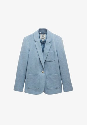 Light blue blazer, herringbone texture, single gold button closure, two front pockets, standard collar, tailored fit, mid-length sleeves.
