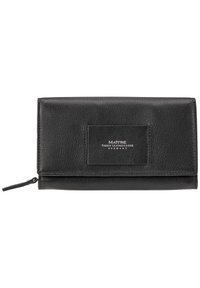 Billetera de cuero negro con una superficie texturizada, cierre con cremallera y una etiqueta rectangular que presenta "MAITRE" y "FINEST LEATHERGOODS GERMANY."