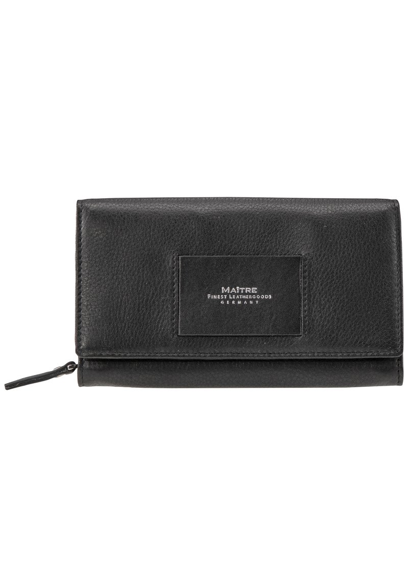 Billetera de cuero negro con una superficie texturizada, cierre con cremallera y una etiqueta rectangular que presenta "MAITRE" y "FINEST LEATHERGOODS GERMANY."