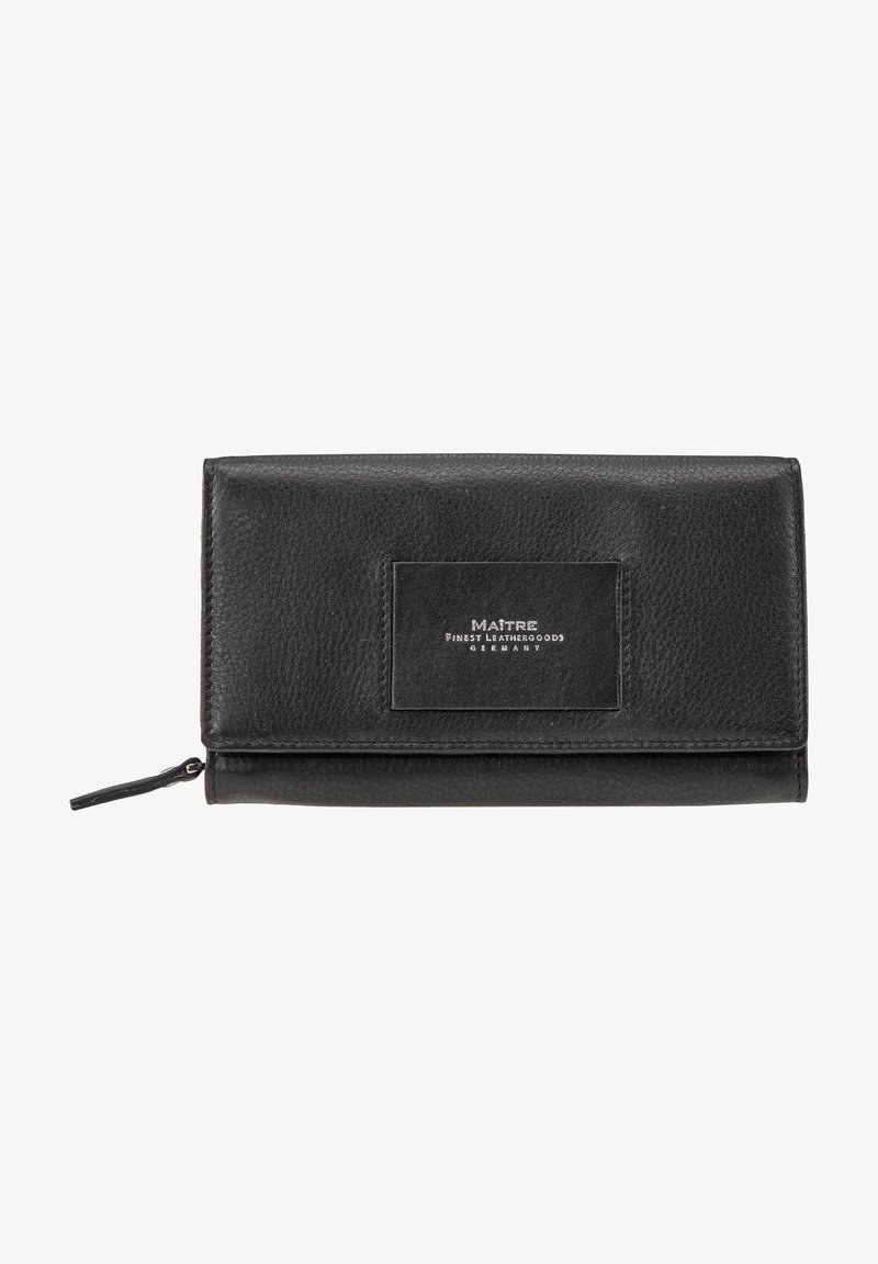 Billetera de cuero negro con una superficie texturizada, cierre con cremallera y una etiqueta rectangular que presenta "MAITRE" y "FINEST LEATHERGOODS GERMANY."