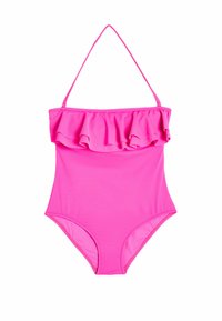 Maillot de bain une pièce rose avec un design à épaules froncées, fabriqué en tissu extensible, présentant un dos décolleté et des ouvertures de jambe de hauteur moyenne.