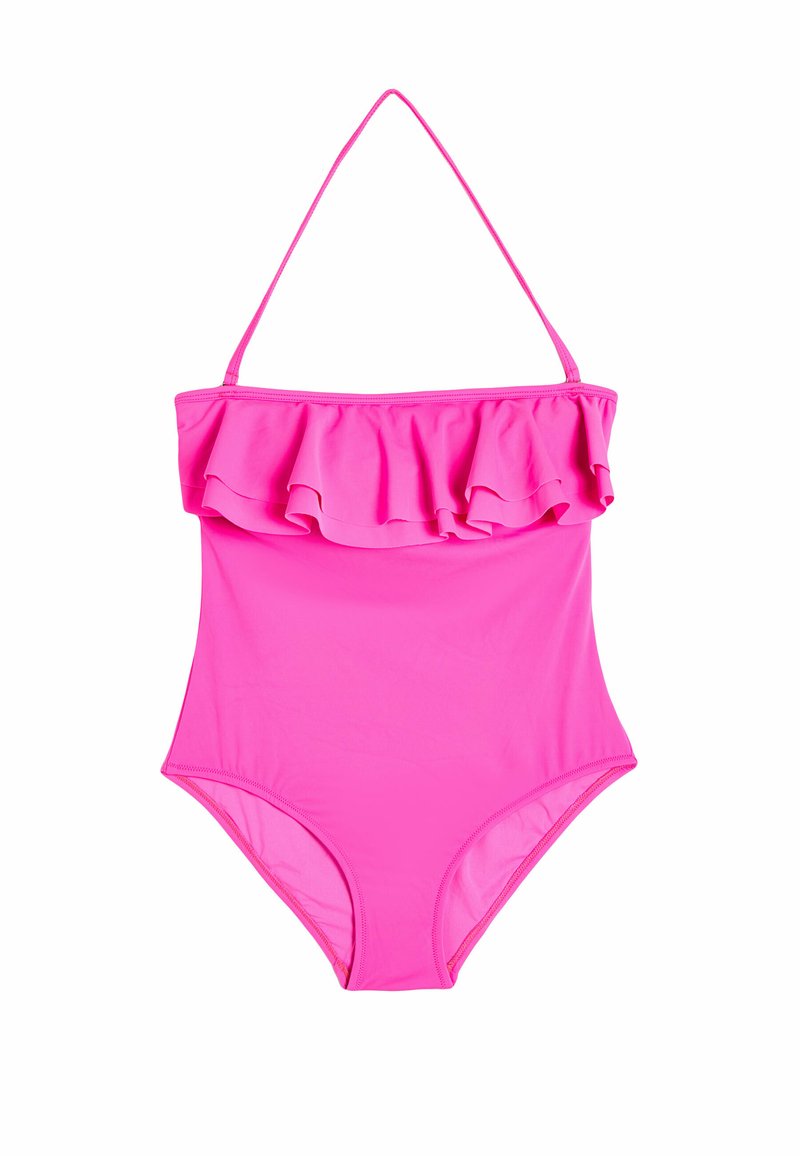 Maillot de bain une pièce rose avec un design à épaules froncées, fabriqué en tissu extensible, présentant un dos décolleté et des ouvertures de jambe de hauteur moyenne.