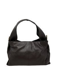 Borsa a mano in pelle nera con manici larghi e dettagli in oro sottile, caratterizzata da una superficie morbida e strutturata e una forma leggermente scesa.