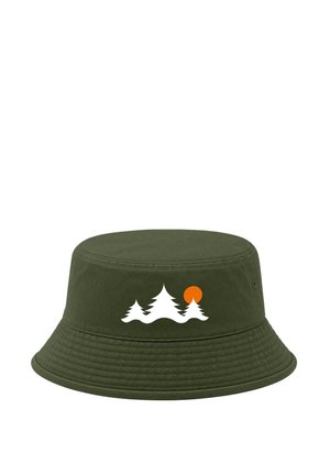 Dark green bucket hat with white tree silhouettes and an orange sun graphic on the front.