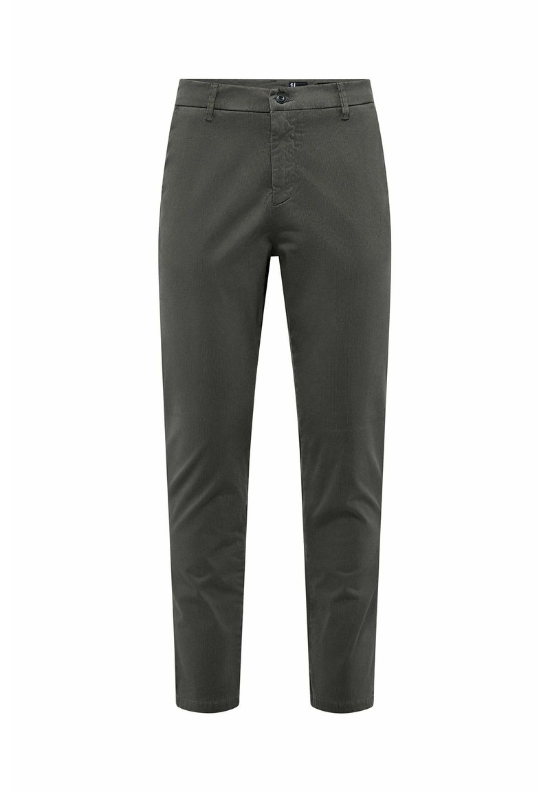 Dunkelolivgrüne Hose mit glatter Textur, schlankem Schnitt, vorderem Knopfverschluss und Standardtaschen. Cleane Linien, keine sichtbaren Muster.