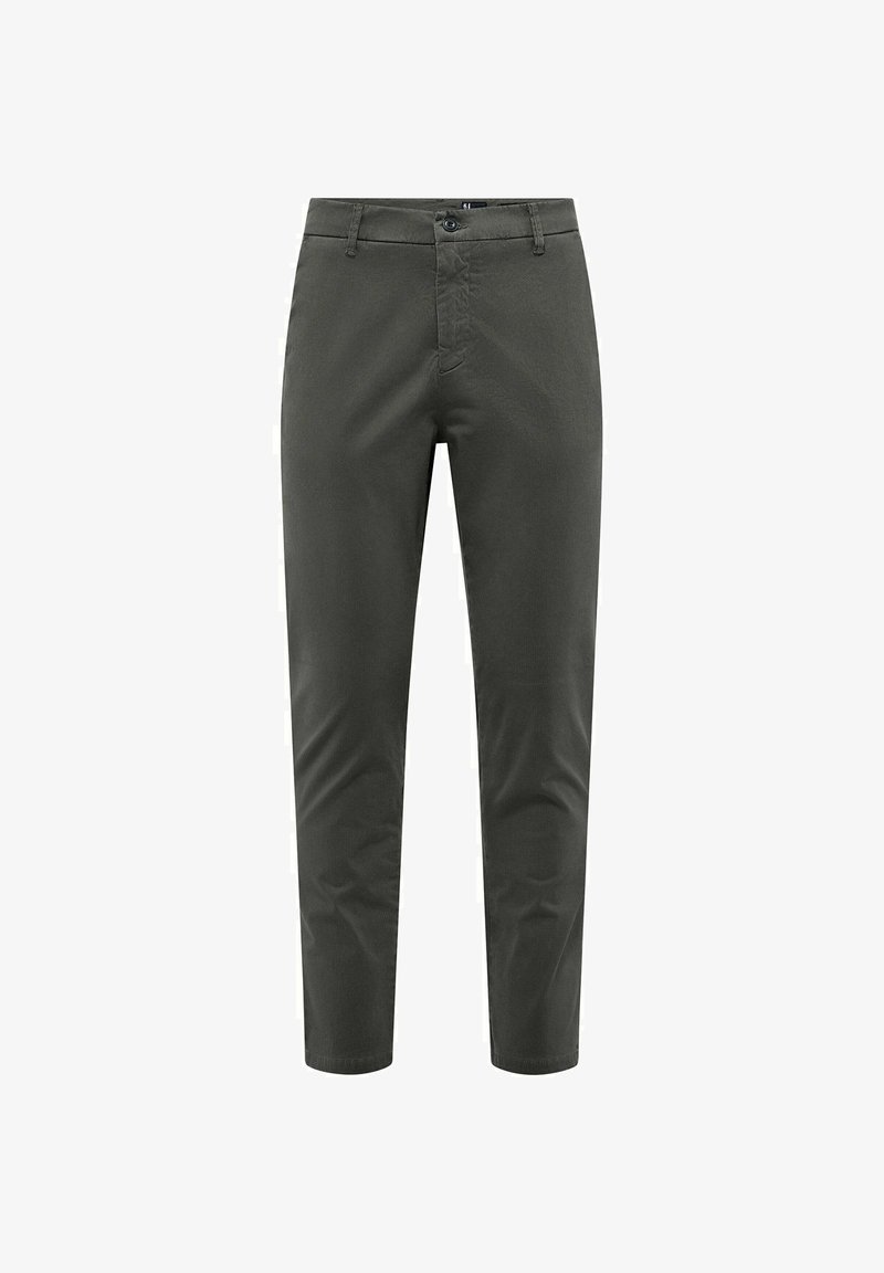 Dark olive green pants with a smooth texture, slim fit design, front button closure, and standard pockets. Clean lines, no visible patterns.