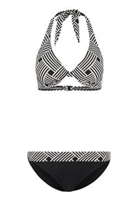 Black and white bikini set with a halter top featuring a geometric pattern, and matching low-rise bottoms with patterned waistbands.