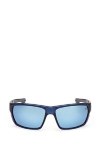 Okulary przeciwsłoneczne z ciemnoniebieską plastikową oprawką i jasnoniebieskimi soczewkami. Charakteryzują się smukłym designem i teksturowanymi zausznikami dla lepszego uchwytu.
