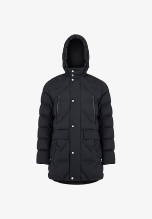 Czarna kurtka puchowa z kapturem, wyposażona w zapinane na zamek kieszenie na piersi, zatrzaski oraz teksturowany wzór pikowania. Trwały materiał.