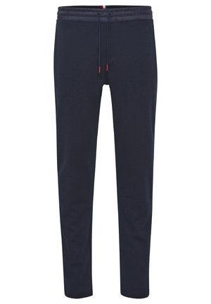Marineblauwe joggingbroek met een zachte textuur, elastische tailleband, verstelbaar trekkoord en contrasterende kleurenaccenten op de tailleband.