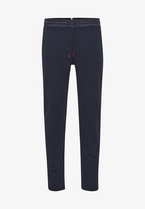 Mørkeblå træningsbukser med en blød tekstur, elastisk talje, justerbar snor og kontrasterende farver på taljen.