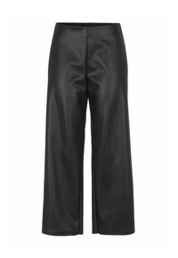 Zwarte neplederen culottes met een gladde textuur, wijd-uitlopende ontwerp en een centrale naad, voorzien van een elastische tailleband voor comfort.