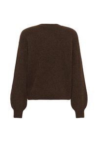 Pull en tricot marron foncé à manches longues avec un col rond et des poignets côtelés, vu de dos sur fond blanc.