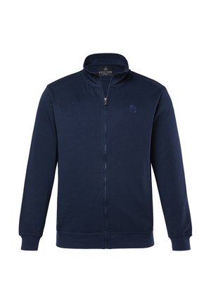 Tmavě modrá bunda na zip s dlouhými rukávy, stojáčkovým límcem, žebrovanými manžetami a jemně vyšívaným logem na levé straně hrudi.