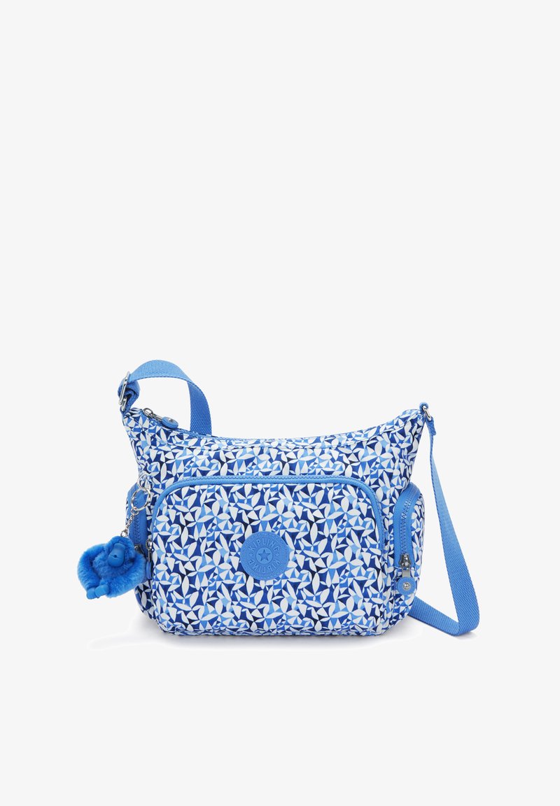 Borsa a tracolla a fantasia blu con design floreale, tasca con zip e un charm pom-pom blu testurizzato attaccato. Inclusa una tracolla regolabile.