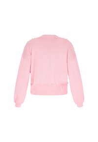 Cardigan rosa de punto con mangas largas, un ajuste relajado y detalles de pequeños pompones a lo largo de los hombros. Textura suave y dobladillo acanalado.