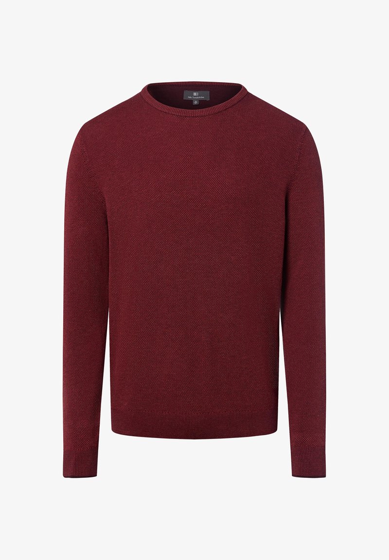 Pull en maille rouge foncé à manches longues à col rond pour homme, avec des poignets et un ourlet côtelés.