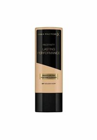 Fundamentflaska med en svart och beige design. Texturerat svart lock med gulddetaljer. Etiketten säger "Facefinity Lasting Performance, 097 Golden Ivory."
