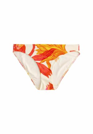 Slip de bikini cu talie joasă, cu o bază crem și un model vibrant cu frunze tropicale portocalii și roșii.