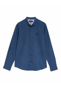 Koszula z długim rękawem z guzikami w ciemnoniebieskim kolorze, wykonana z fakturowanej tkaniny, z małym logo, czarnymi guzikami oraz w paski wykończeniem kołnierza.