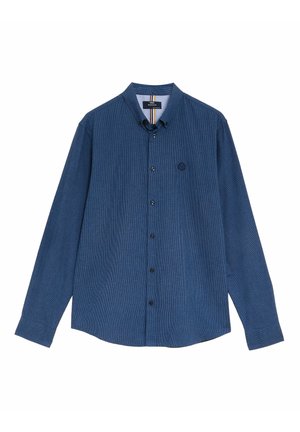 Koszula z długim rękawem z guzikami w ciemnoniebieskim kolorze, wykonana z fakturowanej tkaniny, z małym logo, czarnymi guzikami oraz w paski wykończeniem kołnierza.