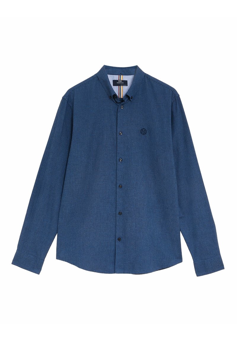 Koszula z długim rękawem z guzikami w ciemnoniebieskim kolorze, wykonana z fakturowanej tkaniny, z małym logo, czarnymi guzikami oraz w paski wykończeniem kołnierza.