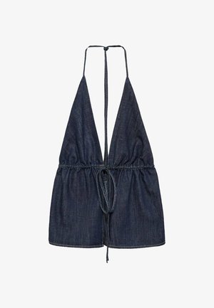 Top din denim cu decolteu adânc în V și curele ajustabile. Prezintă material pliat la talie cu un design strâns, într-o nuanță de albastru închis.