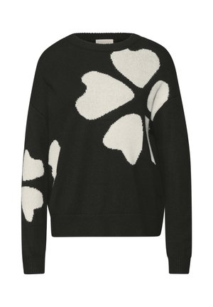 Czarny dzianinowy sweter o szerokim, luźnym kroju. Z przodu i na rękawach duże białe wzory serc. Ściągacze na mankietach i u dołu.