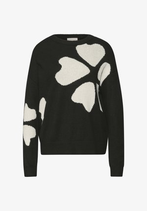 Czarny dzianinowy sweter o szerokim, luźnym kroju. Z przodu i na rękawach duże białe wzory serc. Ściągacze na mankietach i u dołu.