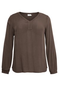 Blouse marron à manches longues avec un décolleté en V et un détail de pli subtil. Fabriquée en tissu lisse et léger avec une coupe décontractée.
