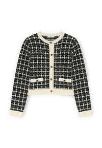 Černobílý kostkovaný cardigan s krémovými akcenty, žebrovanými manžetami a spodním lemem. Má přední knoflíky a dvě kapsy na knoflíky.