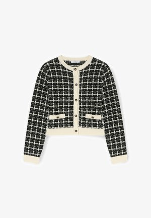 Zwart-wit geruite cardigan met crèmekleurige accenten, geribbelde manchetten en zoom. Voorzien van knopen aan de voorkant en twee zakken met knopen.