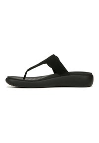 Zwarte flip-flop sandaal met een bovenkant van suede, een platte zool en een minimalistisch ontwerp met een gestructureerde voetbed voor comfort.