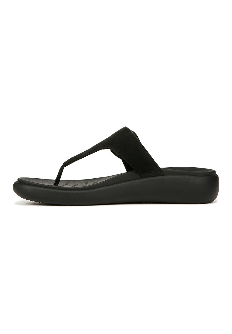 Zwarte flip-flop sandaal met een bovenkant van suede, een platte zool en een minimalistisch ontwerp met een gestructureerde voetbed voor comfort.
