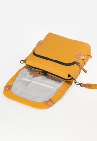 Borsa in pelle gialla con chiusura a zip, dotata di dettagli marroni e un interno foderato grigio. La forma è rettangolare con angoli arrotondati.