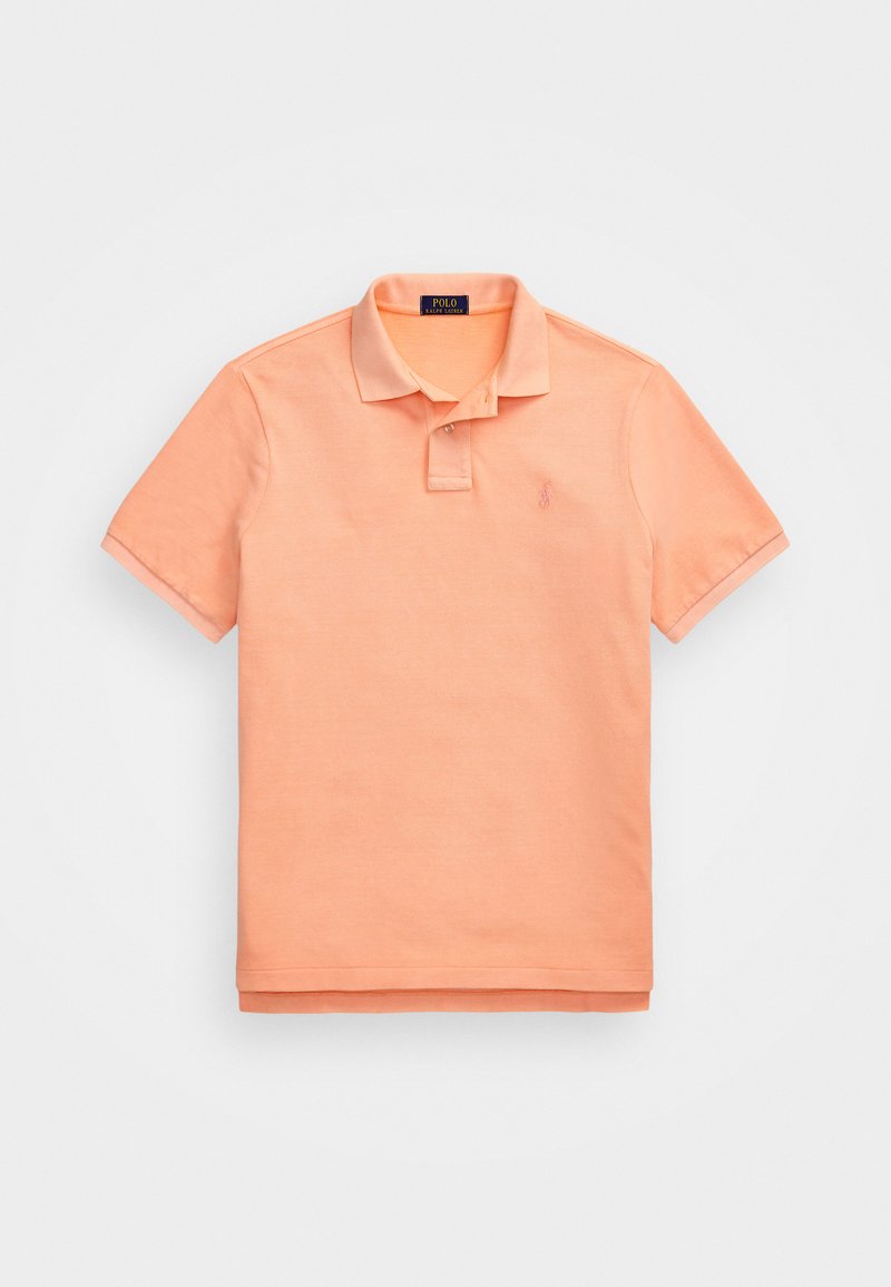 Orange polo shirt made of cotton, featuring a collar, short sleeves, and a small embroidered logo on the chest. Smooth texture, classic fit.