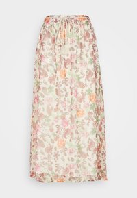 Falda maxi hecha de tela ligera, con un patrón floral de paisley en rosa, naranja, verde y marrón, y cinturilla con cordón ajustable.