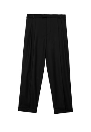 Black pleated dress pants with cuffed hems and belt loops, displayed flat on a white background.