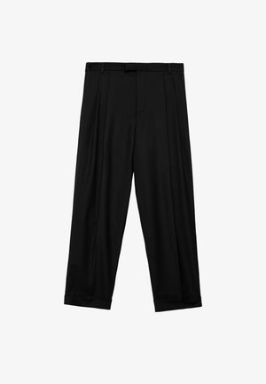 Black pleated dress pants with cuffed hems and belt loops, displayed flat on a white background.